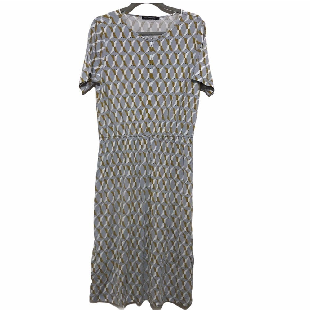 MONOPRIX FEMME Gris Mustard White Bird Print Dress